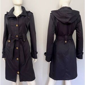NWT WOMEN TRENCH COAT REMOVABLE HOOD ZIPPED/BUTTONED CLOSURE‎ LINED NAVY BELTED